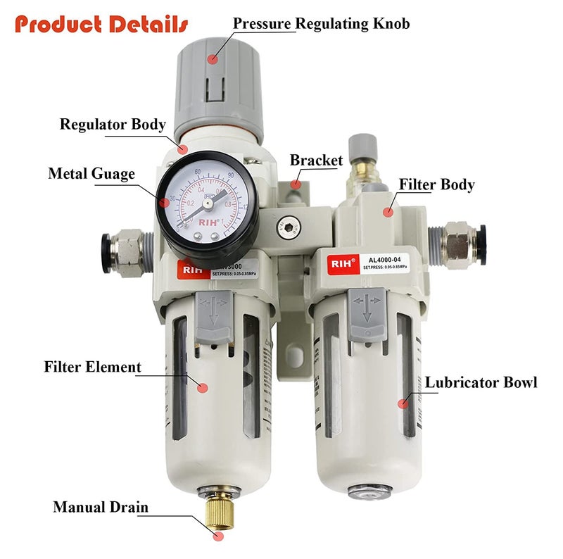 RH Pneumatics 1/2" NPT Compressed Air Filter Regulator Lubricator Combo Water/Oil Trap Separator - Gauge(0-150 psi), Semi-Auto Drain, Poly Bowl,Bracket - 3 in 1 Two Unit (1/2" NPT) - Image 3